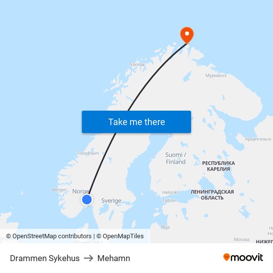 Drammen Sykehus to Mehamn map