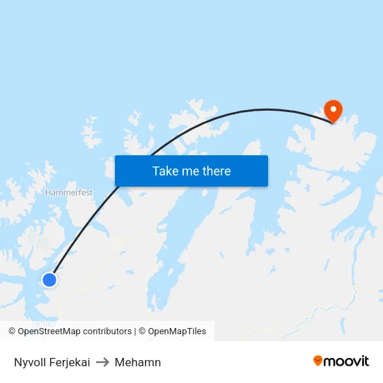 Nyvoll Ferjekai to Mehamn map