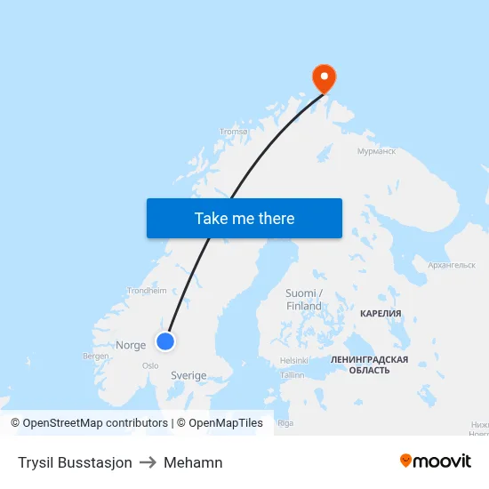 Trysil Busstasjon to Mehamn map