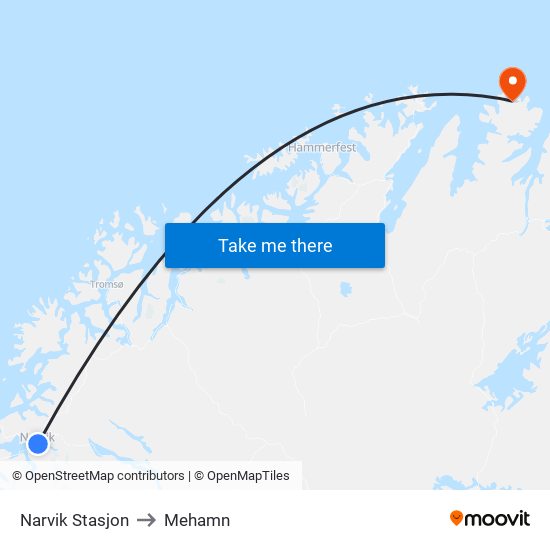 Narvik Stasjon to Mehamn map