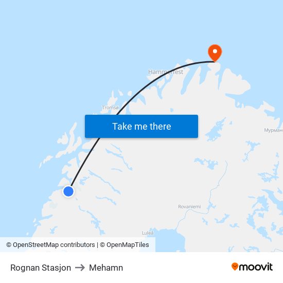 Rognan Stasjon to Mehamn map