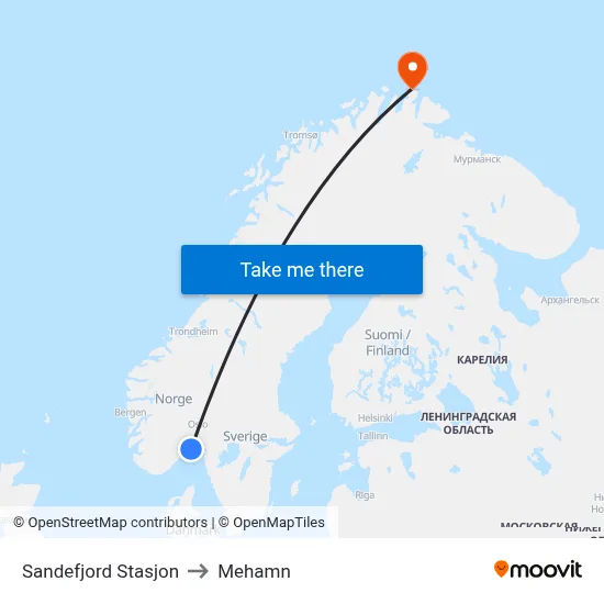 Sandefjord Stasjon to Mehamn map