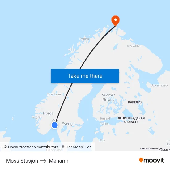 Moss Stasjon to Mehamn map