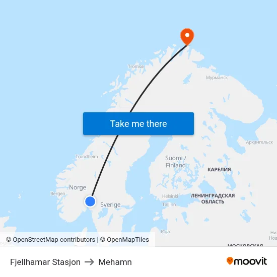 Fjellhamar Stasjon to Mehamn map
