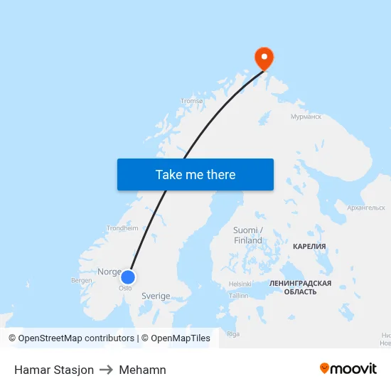 Hamar Stasjon to Mehamn map