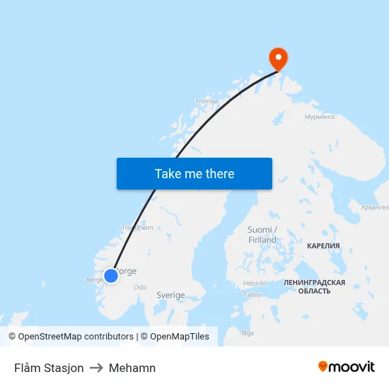 Flåm Stasjon to Mehamn map