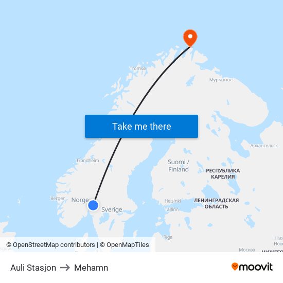 Auli Stasjon to Mehamn map