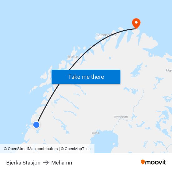 Bjerka Stasjon to Mehamn map