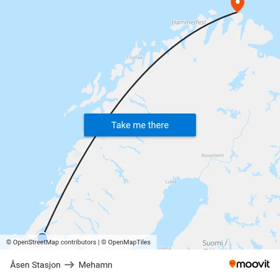 Åsen Stasjon to Mehamn map