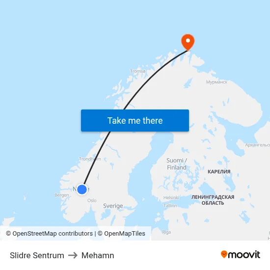 Slidre Sentrum to Mehamn map