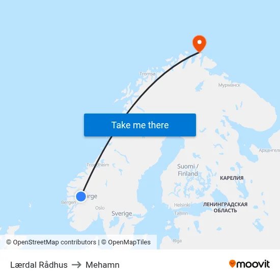 Lærdal Rådhus to Mehamn map