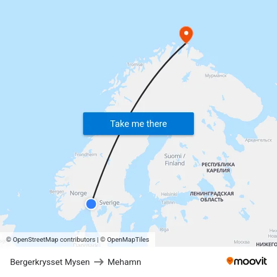 Bergerkrysset Mysen to Mehamn map