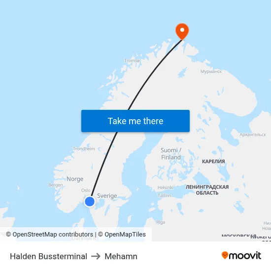 Halden Bussterminal to Mehamn map