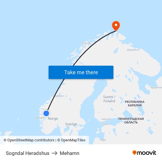 Sogndal Heradshus to Mehamn map