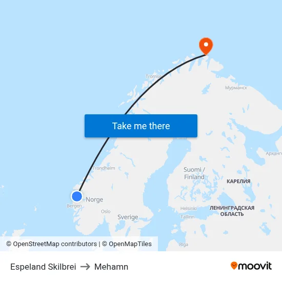 Espeland Skilbrei to Mehamn map