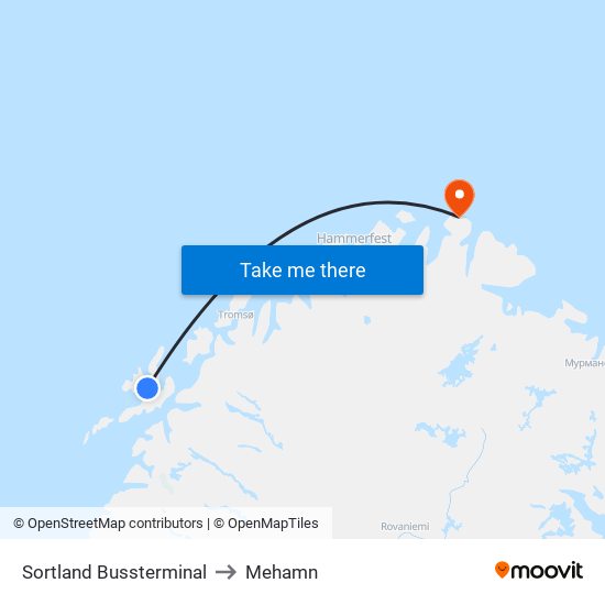Sortland Bussterminal to Mehamn map