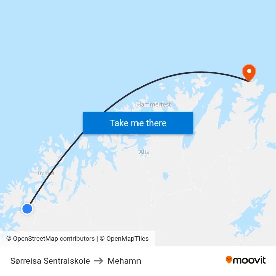 Sørreisa Sentralskole to Mehamn map