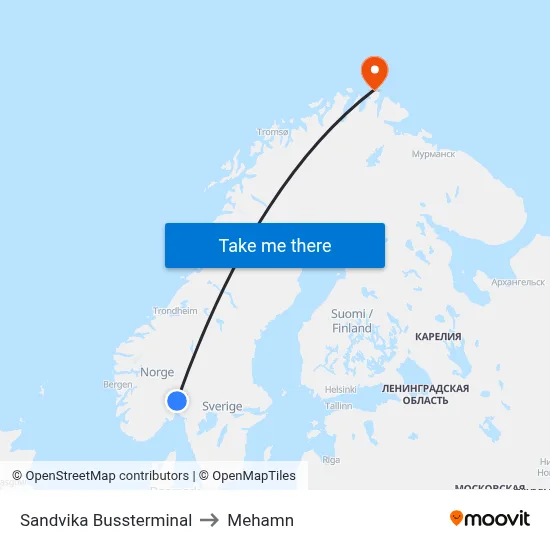 Sandvika Bussterminal to Mehamn map
