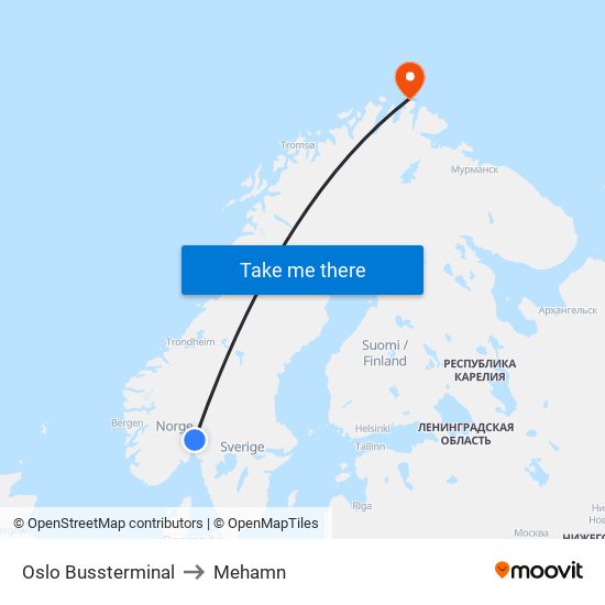 Oslo Bussterminal to Mehamn map