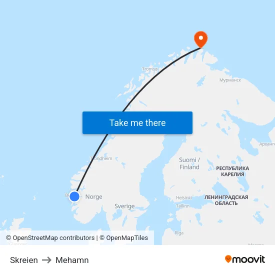 Skreien to Mehamn map
