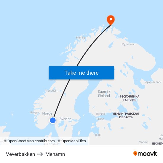 Veverbakken to Mehamn map