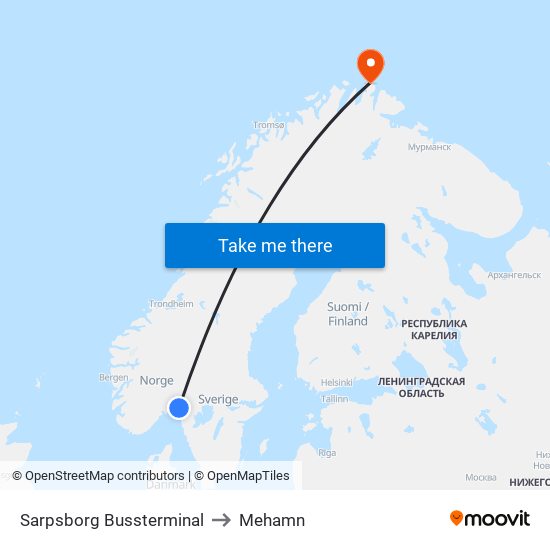 Sarpsborg Bussterminal to Mehamn map