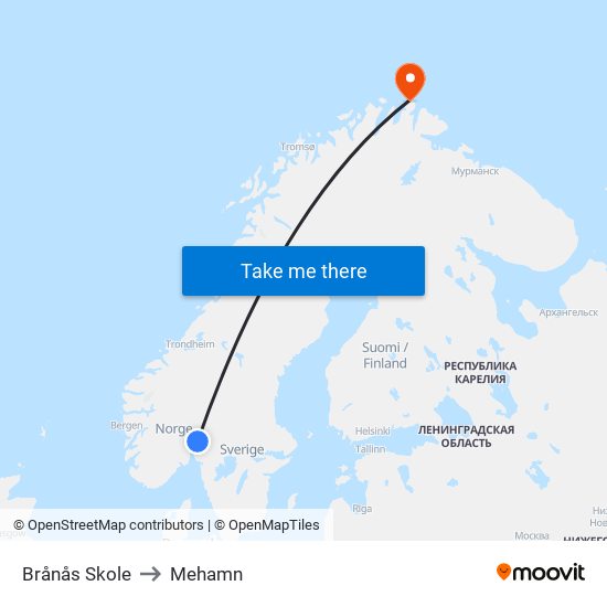 Brånås Skole to Mehamn map