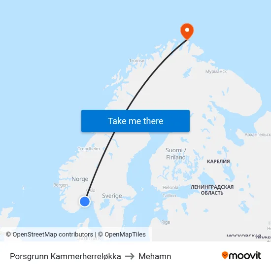 Porsgrunn Kammerherreløkka to Mehamn map