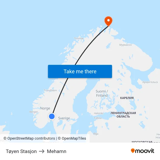 Tøyen Stasjon to Mehamn map