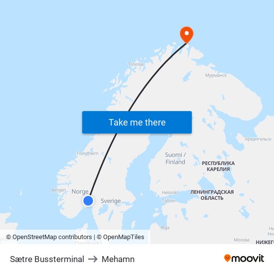 Sætre Bussterminal to Mehamn map