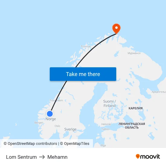 Lom Sentrum to Mehamn map