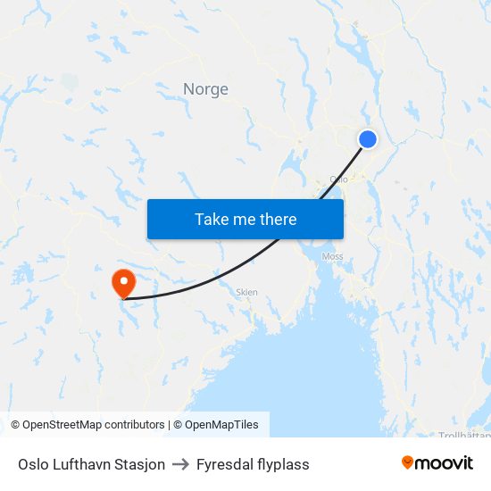 Oslo Lufthavn Stasjon to Fyresdal flyplass map