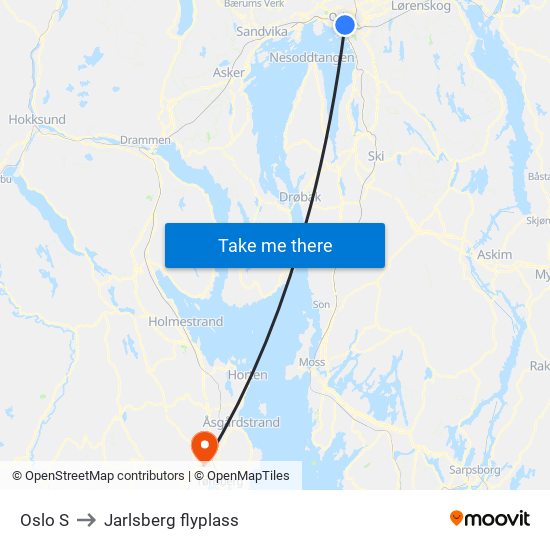 Oslo S to Jarlsberg flyplass map