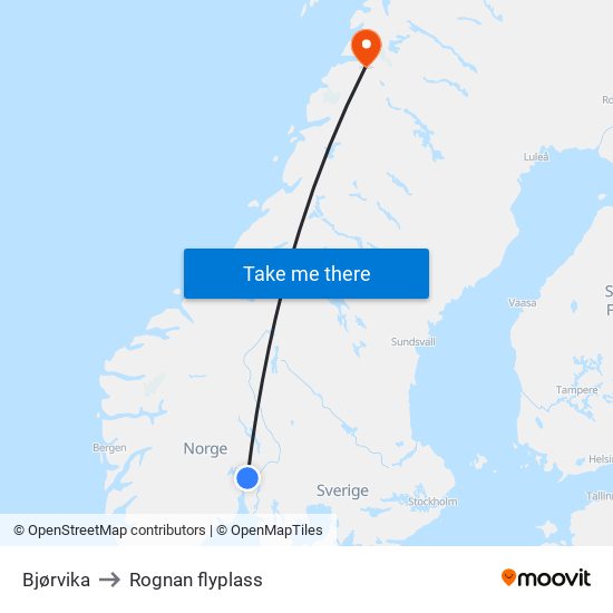 Bjørvika to Rognan flyplass map