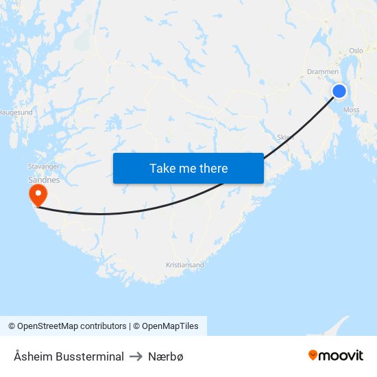 Åsheim Bussterminal to Nærbø map