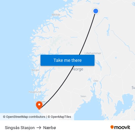 Singsås Stasjon to Nærbø map