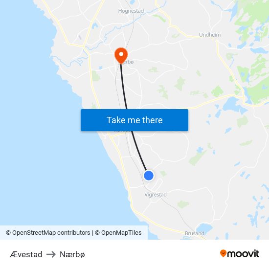 Ævestad to Nærbø map