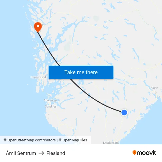 Åmli Sentrum to Flesland map
