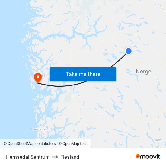 Hemsedal Sentrum to Flesland map