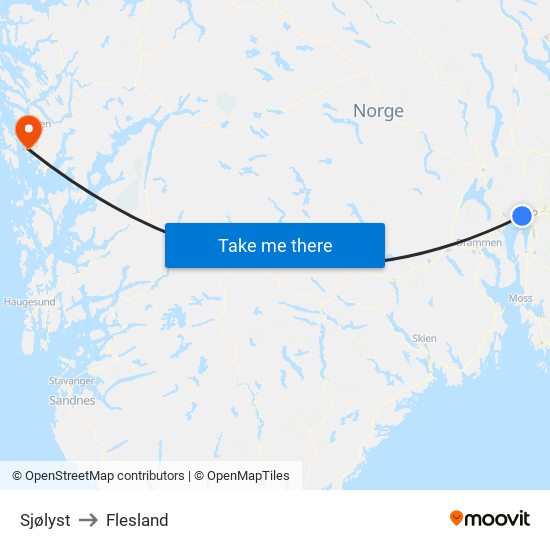 Sjølyst to Flesland map