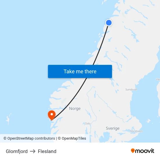 Glomfjord to Flesland map
