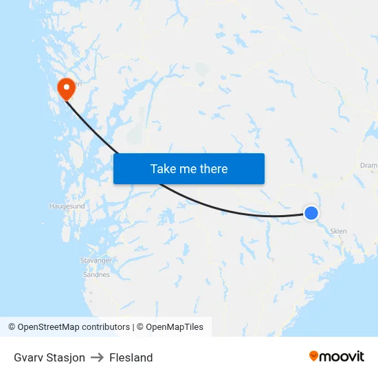 Gvarv Stasjon to Flesland map