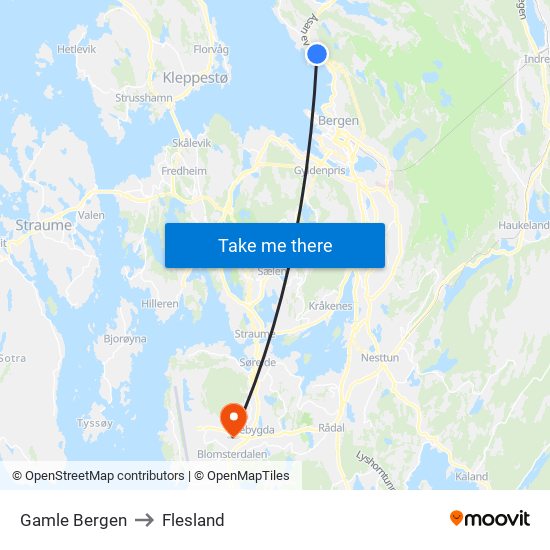 Gamle Bergen to Flesland map