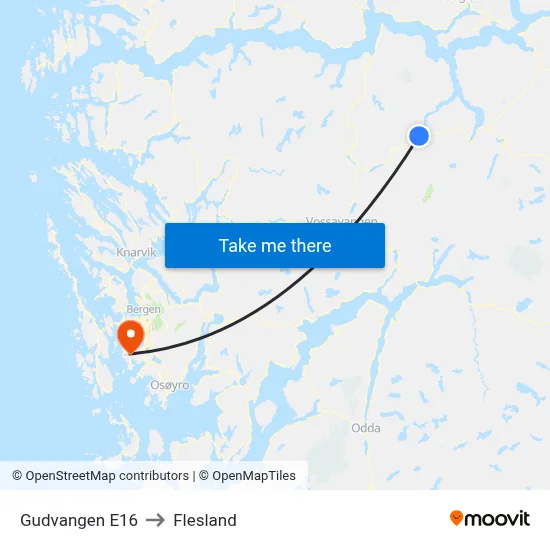 Gudvangen E16 to Flesland map