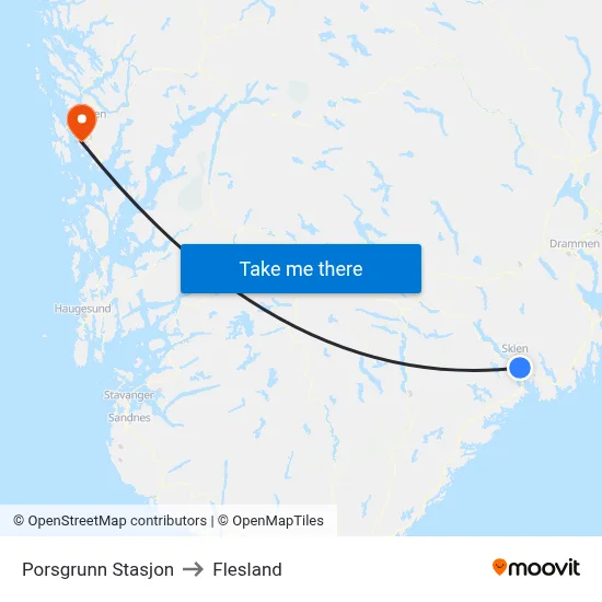 Porsgrunn Stasjon to Flesland map