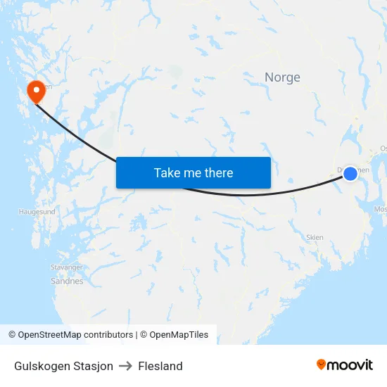 Gulskogen Stasjon to Flesland map