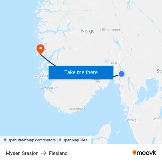 Mysen Stasjon to Flesland map