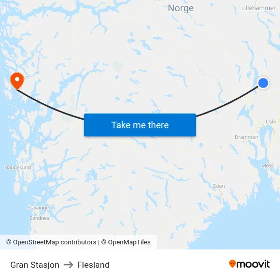 Gran Stasjon to Flesland map
