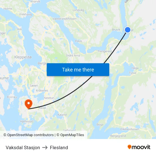 Vaksdal Stasjon to Flesland map