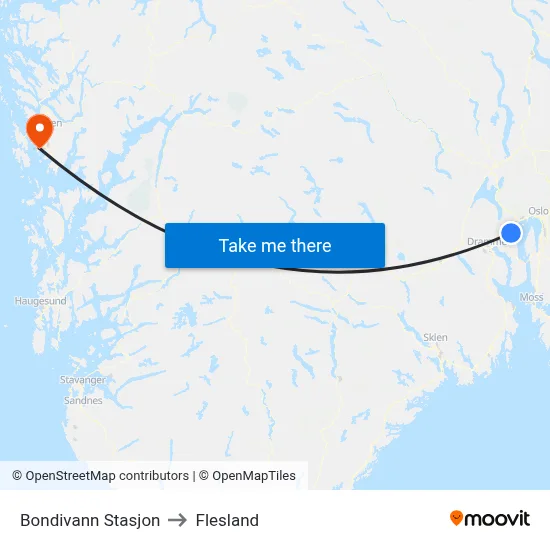 Bondivann Stasjon to Flesland map